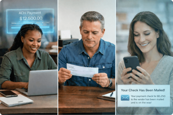 3 small business owners using TROY Pay payment software to pay vendors in different ways copy