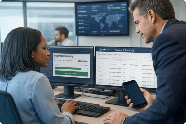 Payroll employees tracking payments using TROY Pay software copy