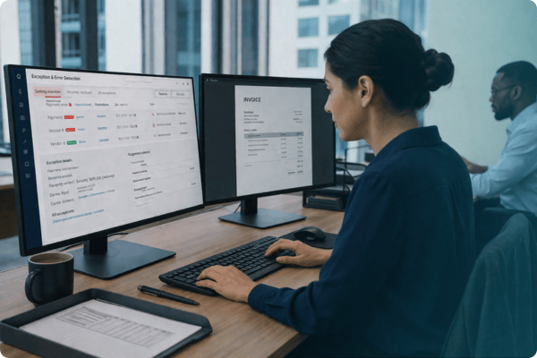 Payroll worker looking at error detection and invoices through TROY Pay  copy