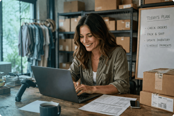 Small business owner scheduling payments to vendors through TROY Pay copy