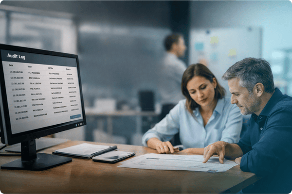 Two employees analyzing audit report in front of TROY Pay audit log screen copy