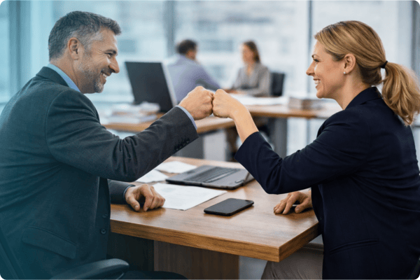 Two employees happy and fist bumping because TROY pay check printing software analyzed and fixed errors automatically copy