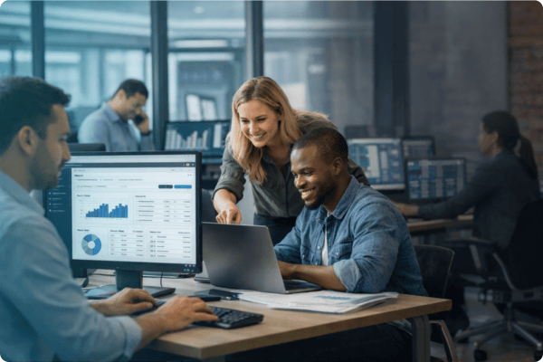 Two happy payroll employees using TROY Pay for their payroll