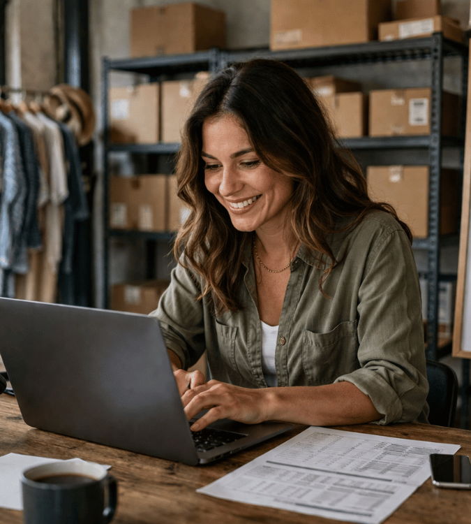 Woman using TROY Pay check printing software to schedule payments