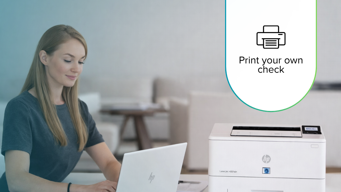 Woman using printing her own check with TROY Pay
