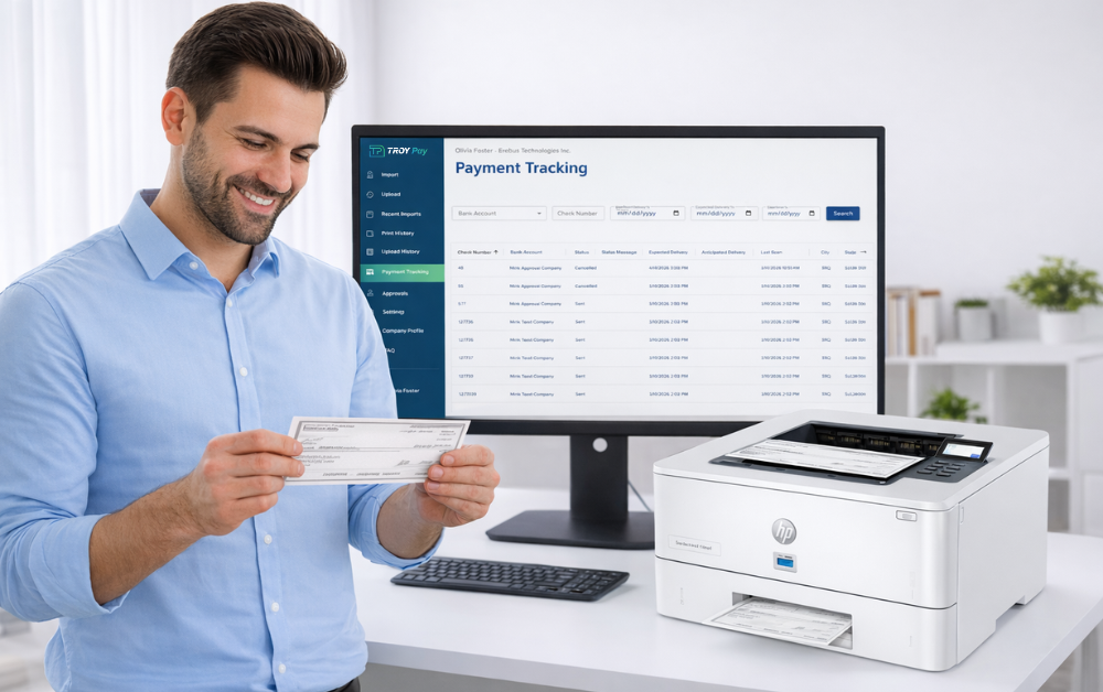 Man using TROY Pay check printing software to print checks in house